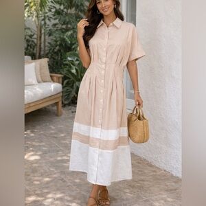 Neutral Beige & White Button-Front Maxi Shirt Dress